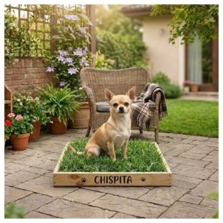 Sanitario de pasto natural con base de madera y tierra para perros pequeños de Petit Garden