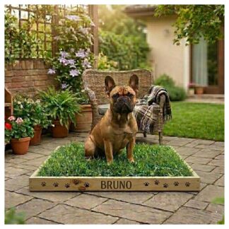 Sanitario de pasto natural con base de madera y tierra para perros pequeños de Petit Garden
